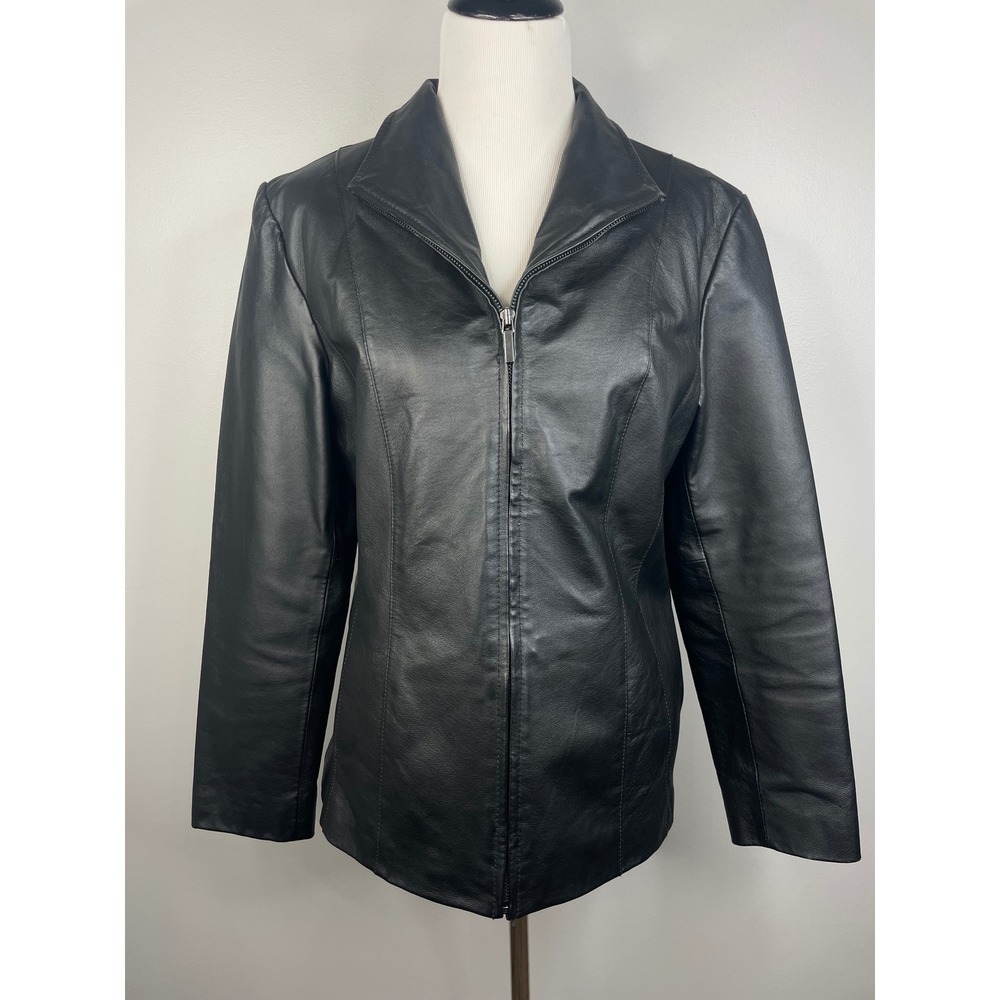 East 5th Womens Black Genuine Leather Full Zip Jacket Coat Size Medium RN93677